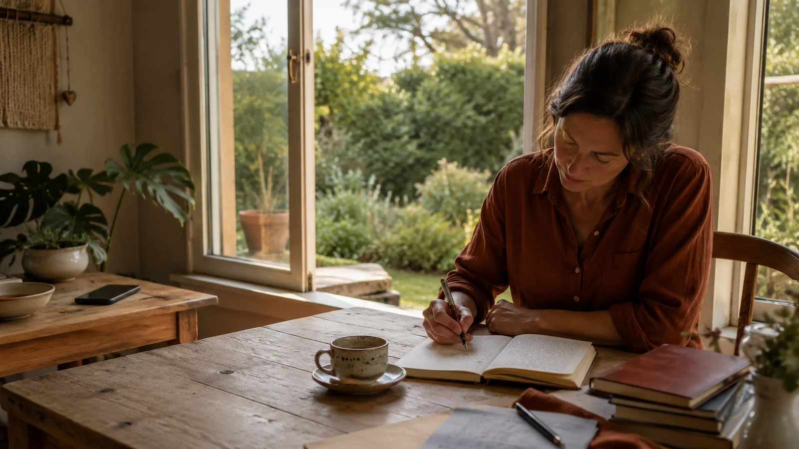 Woman journalling with a fountain pen at a table, smartphone left face-down nearby